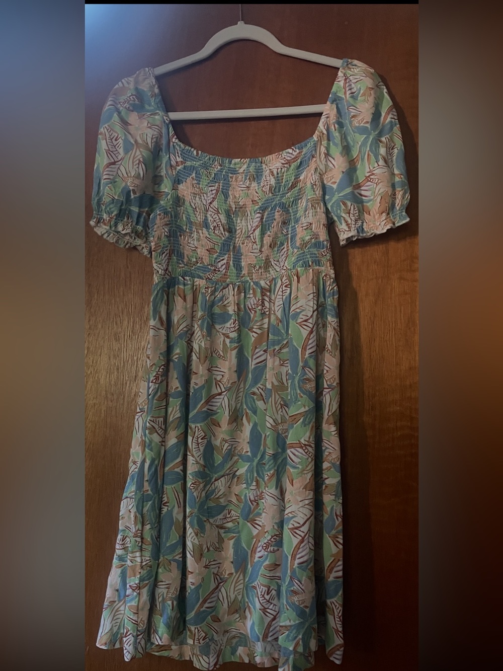 Roxy Blue, Green & Tan Tropical-Leaf Smocked Dress- Make Waves, Move Mountains!